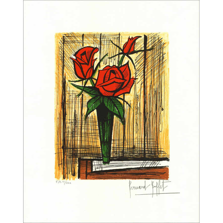 Bernard Buffet – Bouquet di rose in vaso, litografia firmata