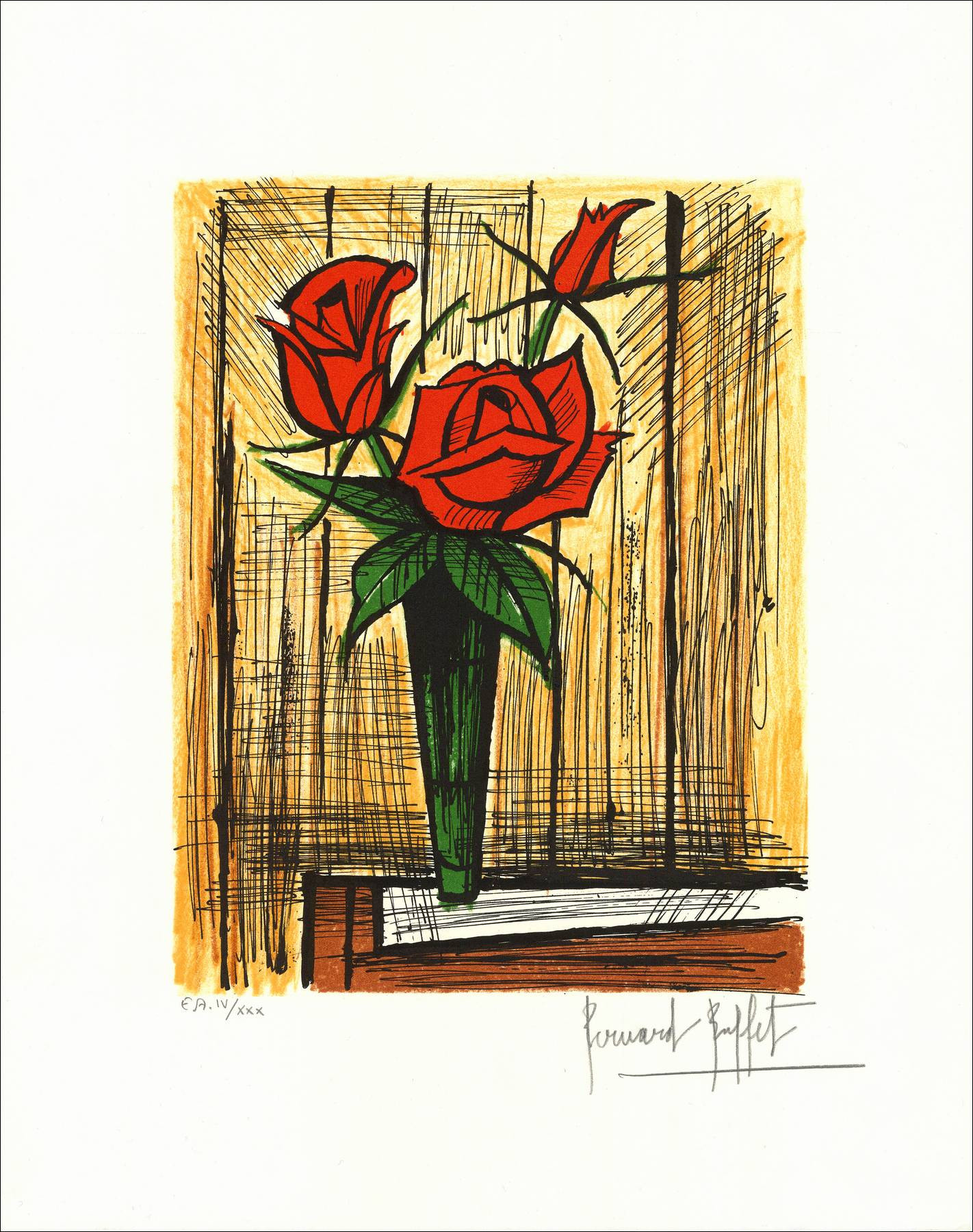 Bernard Buffet – Bouquet de rosas en un jarrón, litografía firmada