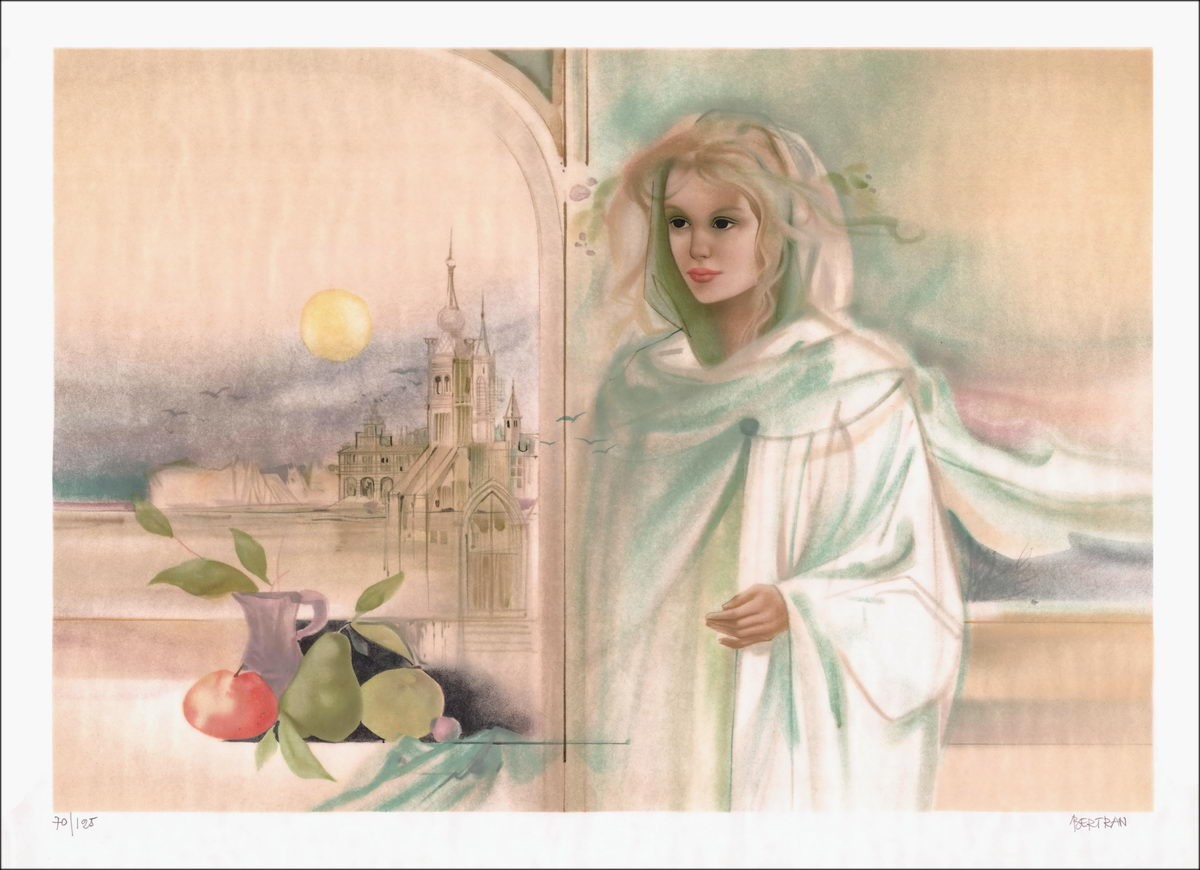Vrouw en kasteel - Lithographie Originaal geteld en gesigneerd door de kunstenaar - Budget, kleine prijs, decoratie, o
