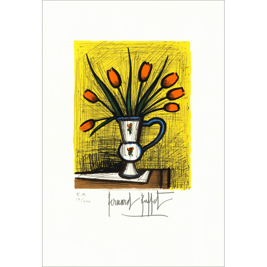 Bernard Buffet – Bouquet de tulipes 1982, signierte Lithografie