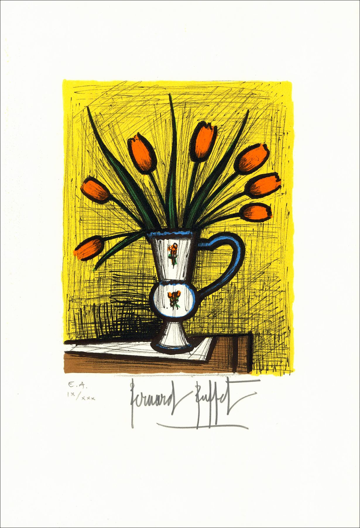 Bernard Buffet – Bouquet de tulipes 1982, lithographie signée