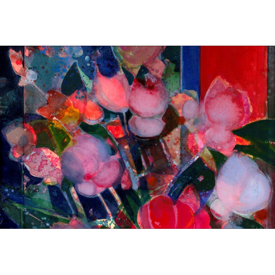 Camille Hilaire: Ramo de peonías y tulipanes, acuarela original
