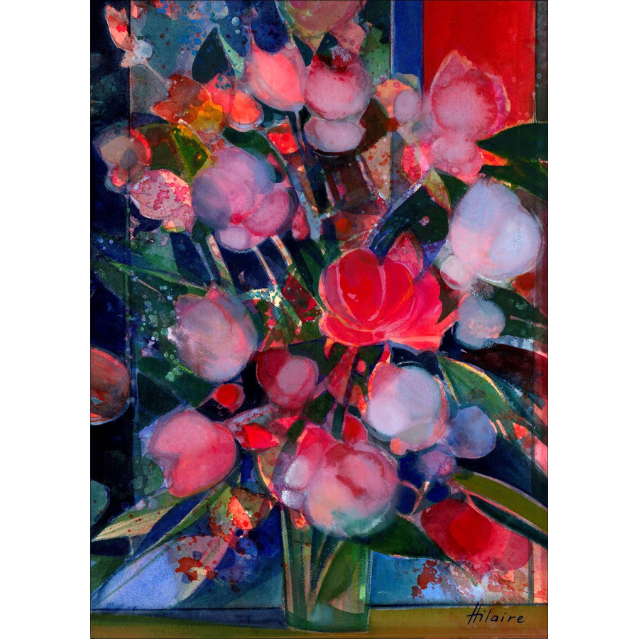 Camille Hilaire: Ramo de peonías y tulipanes, acuarela original