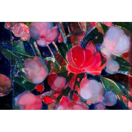 Camille Hilaire: Bouquet de pivoines et tulipes, acquerello originale