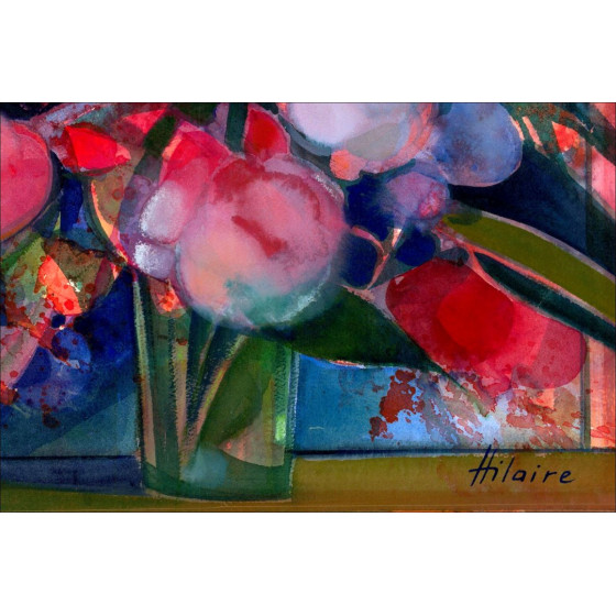 Camille Hilaire: Ramo de peonías y tulipanes, acuarela original