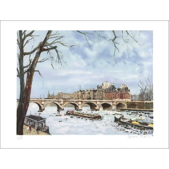 Jacques BOUYSSOU - Original Lithograph "Paris, Quai de Seine, Le Pont Neuf" 55x75cm