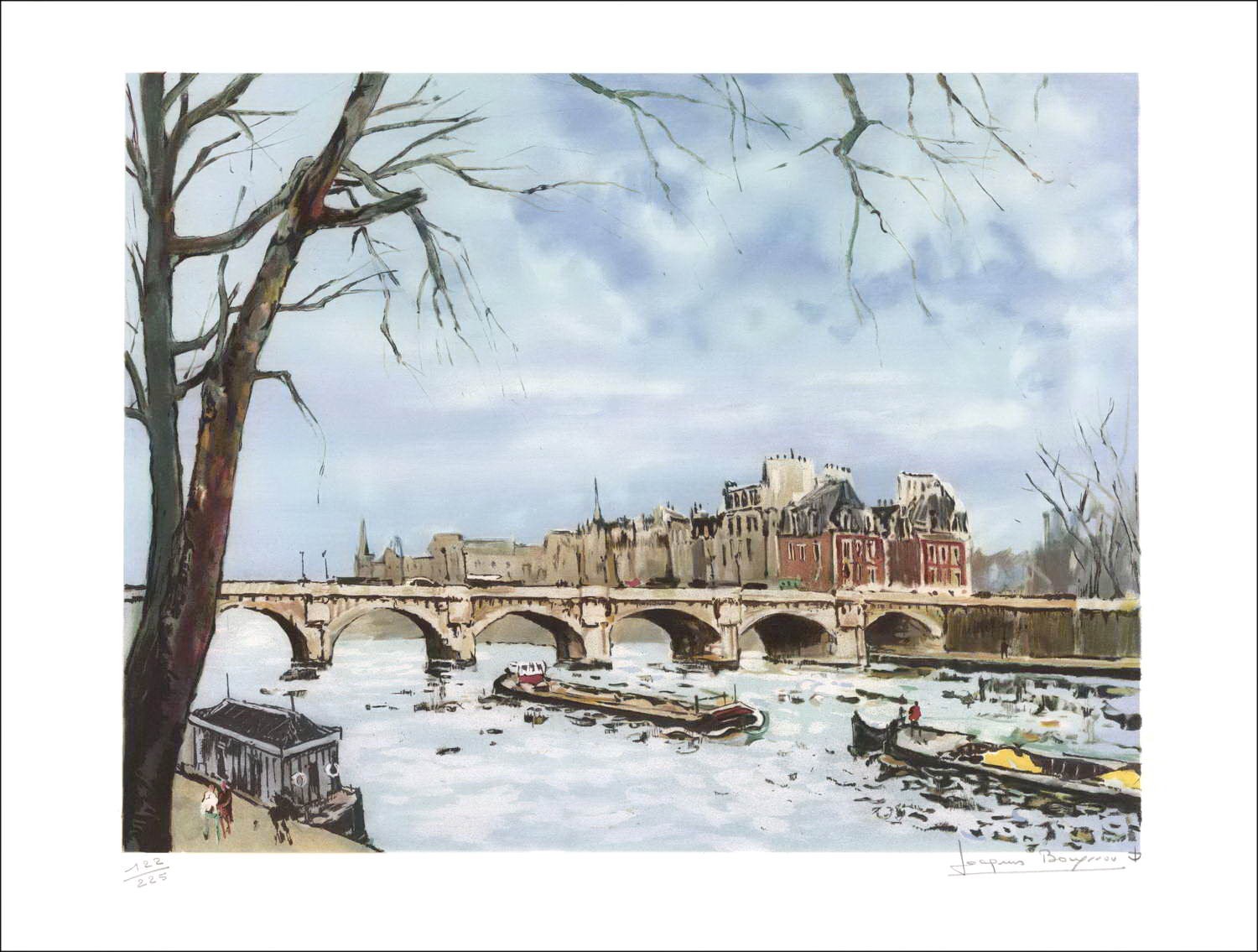Jacques BOUYSSOU - Lithographie Originale "Paris, Quai de Seine, Le Pont Neuf" 55x75cm