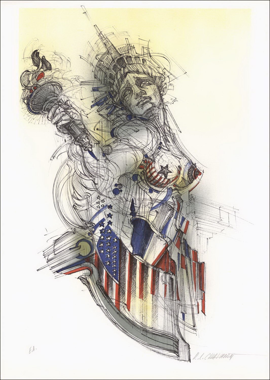 Roger-Louis CHAVANON - Lithographie Originale "La statue de la libertée" 75x55cm