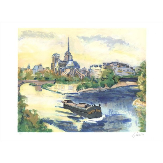 VIEILLEVIE Gérard - Litografía original "París, la isla de la ciudad y Notre Dame" 56x76cm