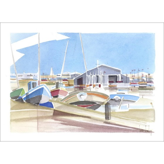 Olivier Suire-Verley - Acuarela original "El puerto en marea baja"