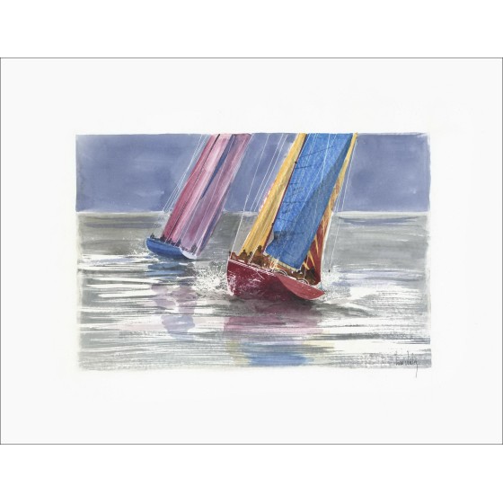 Olivier Suire-Verley - Acuarela original "Barcos en el mar"