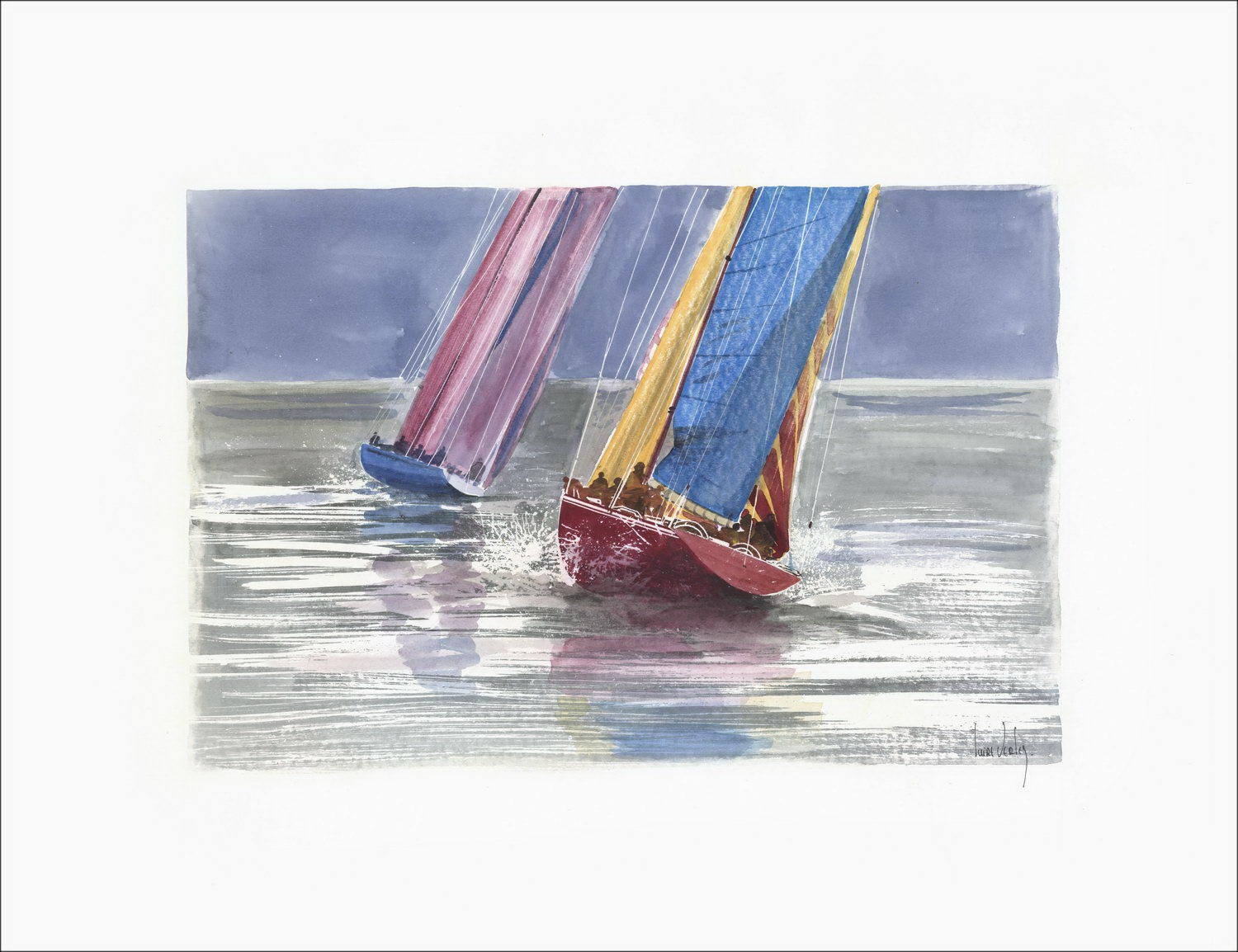 SUIRE-VERLEY - Originele waterverf " Schepen op zee "