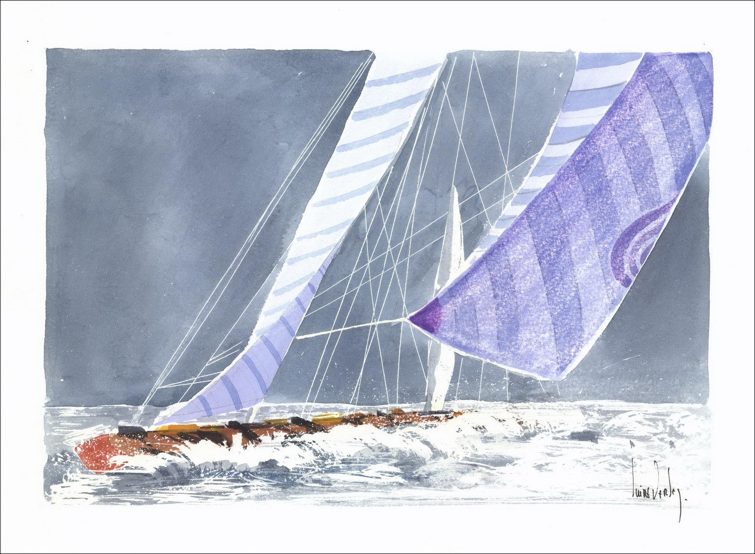 "Die lila Spione" von Olivier Suire-Verley: Aquarell 40x50 cm, zertifiziert.
