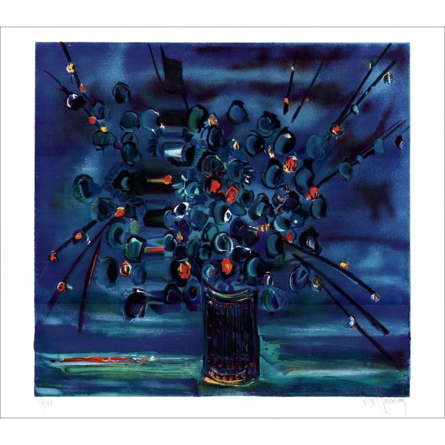 Blauw boeket - Lith Origin Originaal geteld en gesigneerd met potlood door de kunstenaar