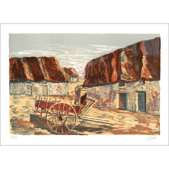 Hof van de boerderij - Lith Origin Originele nummering en handtekening van de kunstenaar - Budget, kleine prijs, decoratie, werk