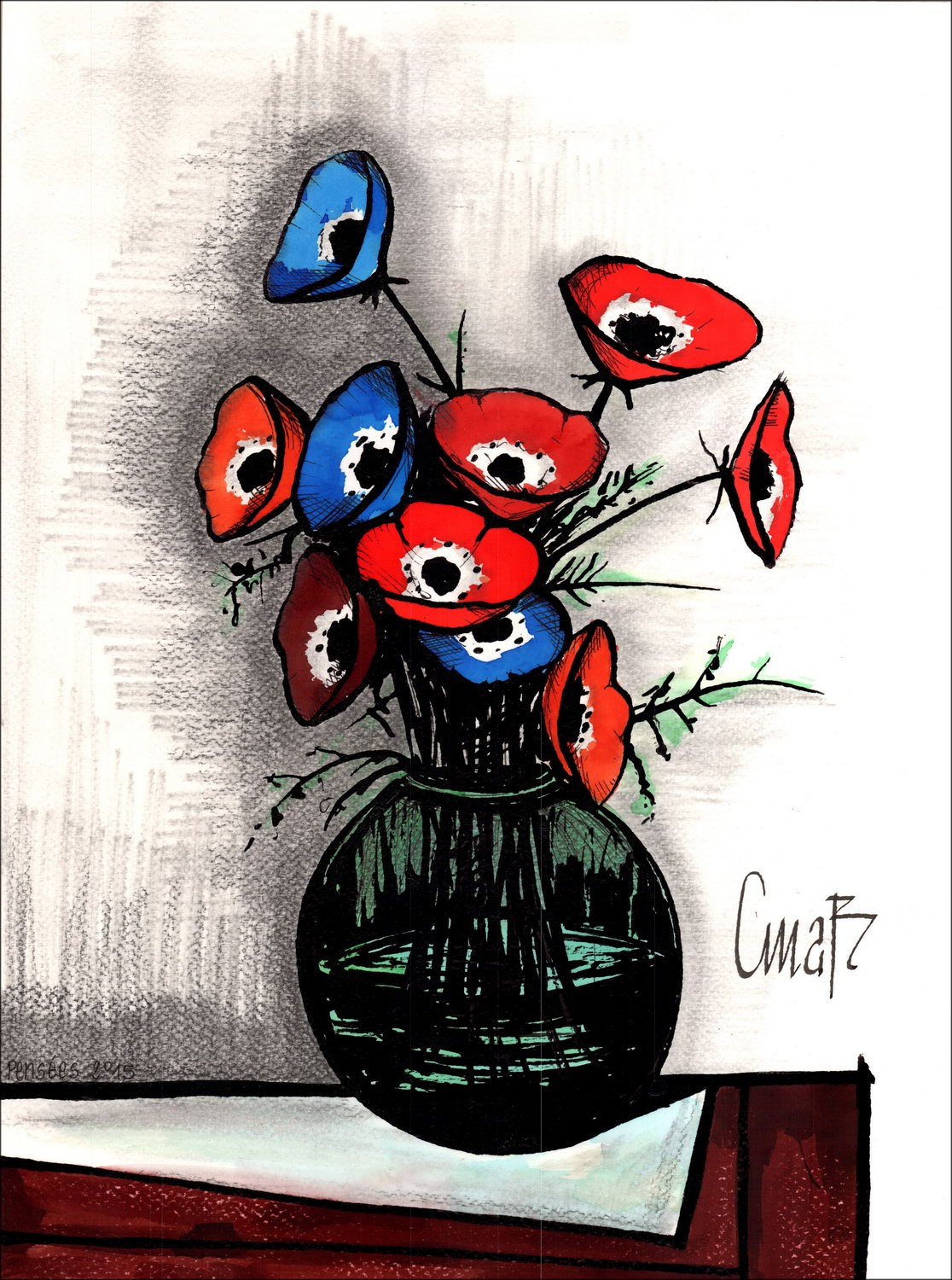 Christophe MABILLON - Originalzeichnung "Hommage à Bernard BUFFET, Petit Bouquet 01" 40x30cm