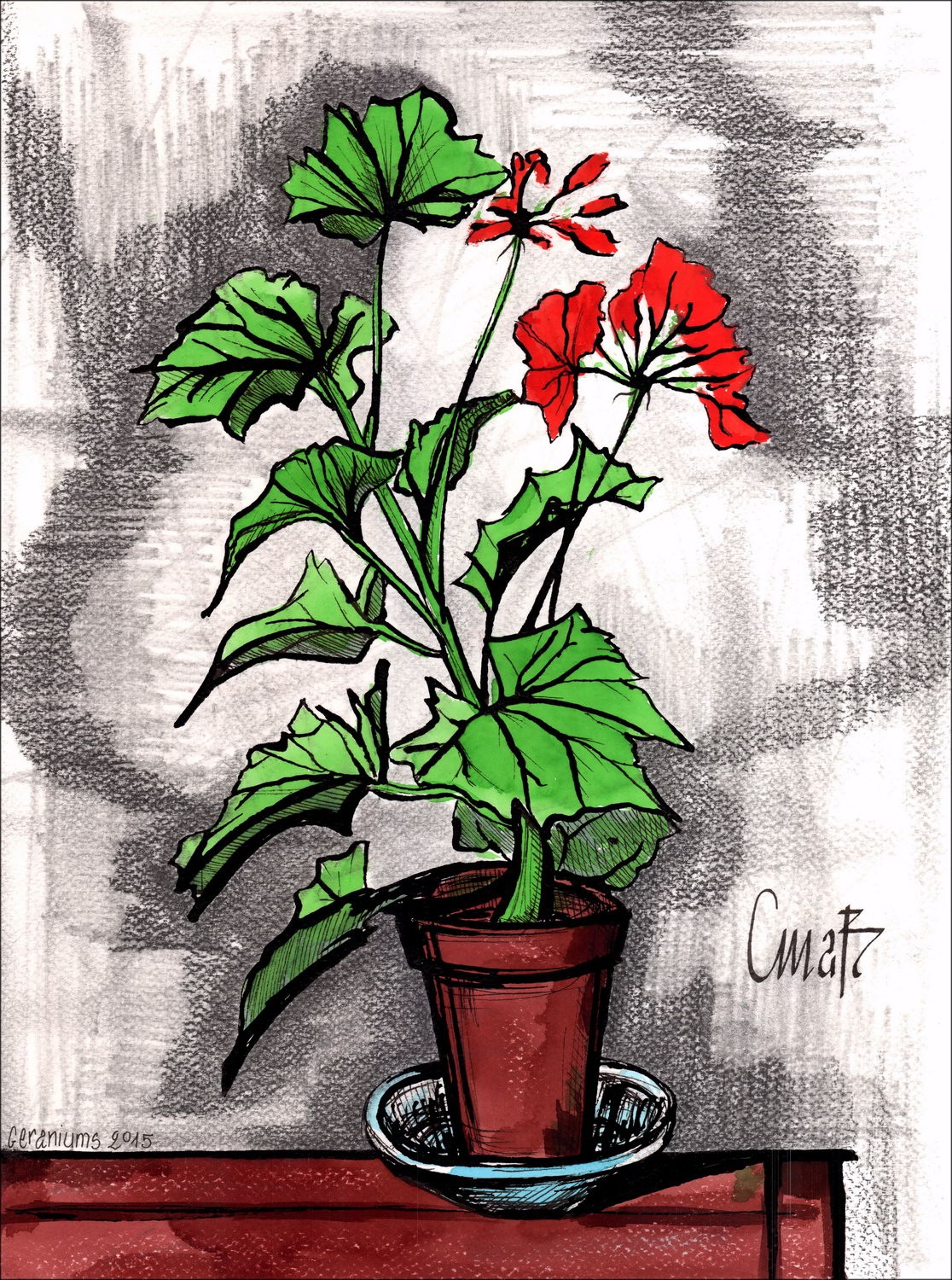 Christophe MABILLON - Originalzeichnung "Hommage à Bernard BUFFET, Petit Bouquet 04" 40x30cm