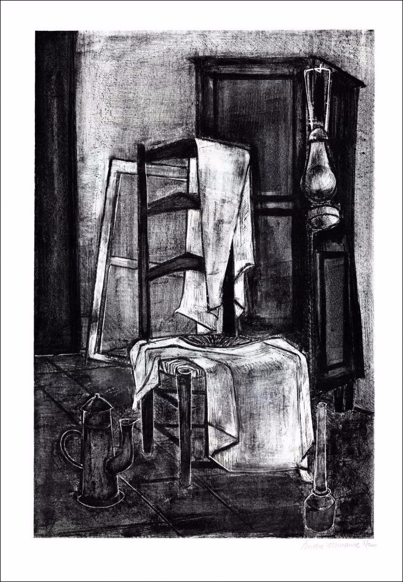 André MINAUX - Lithographie originale "Nature morte à la chaise" 56x38cm - 1970