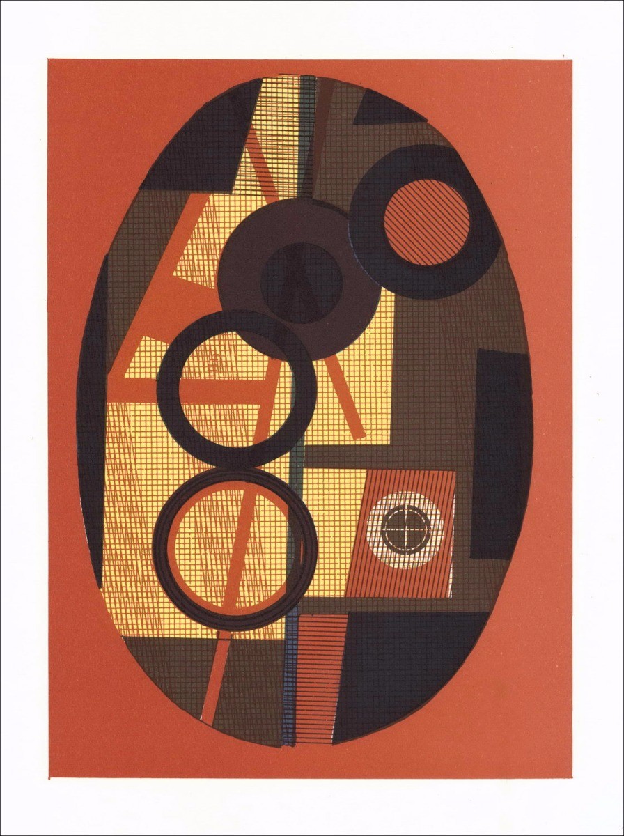 André MINAUX - Original Lithograph "Composition au fond rouge" 27x21cm - 1978