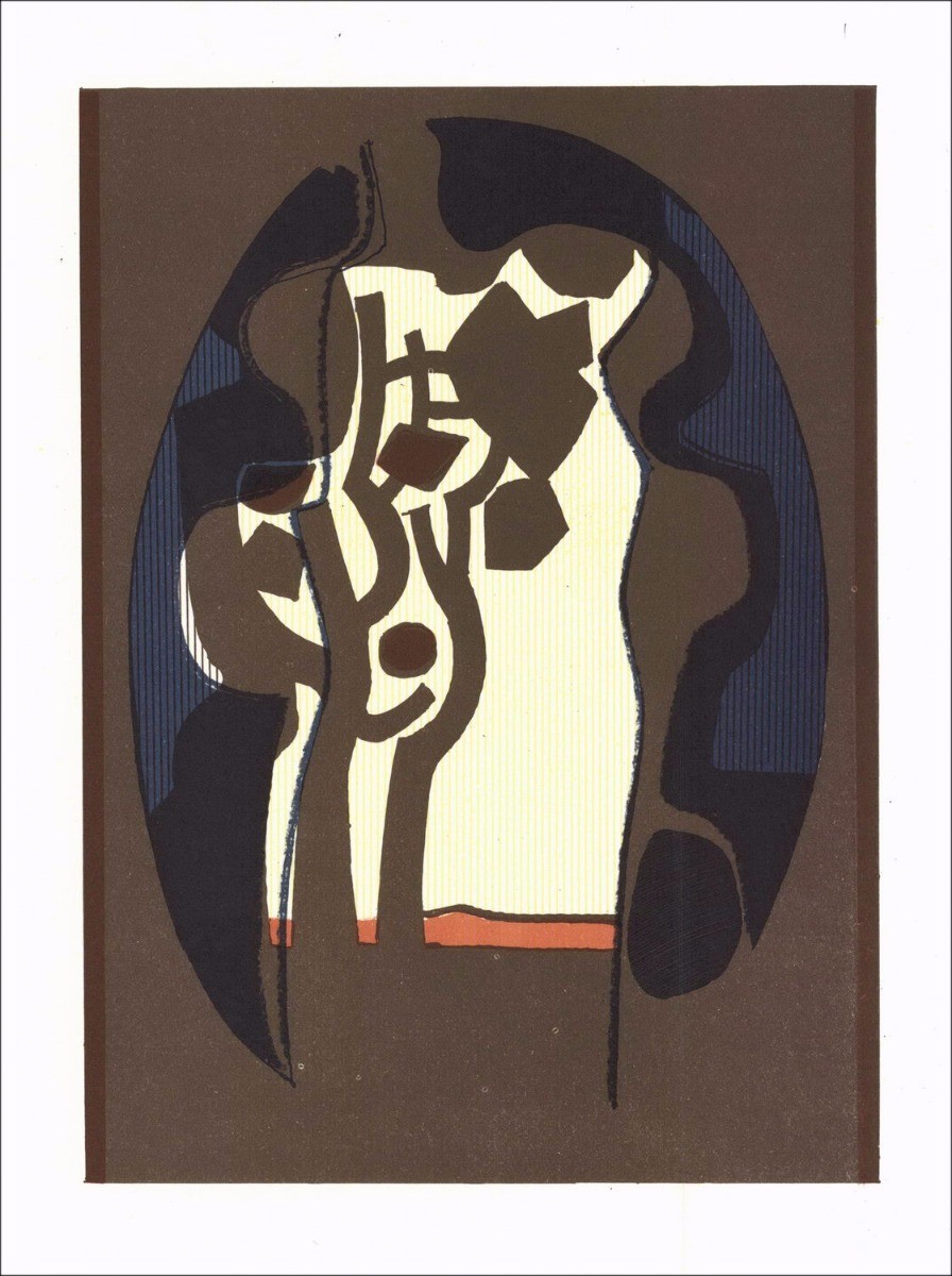 André MINAUX - Original Lithograph "Composition au fond brun I" 27x21cm - 1978