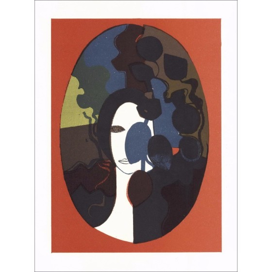 André Minaux - Litografia originale "Ritratto di donna nello sfondo rosso" 27x21cm - 1978