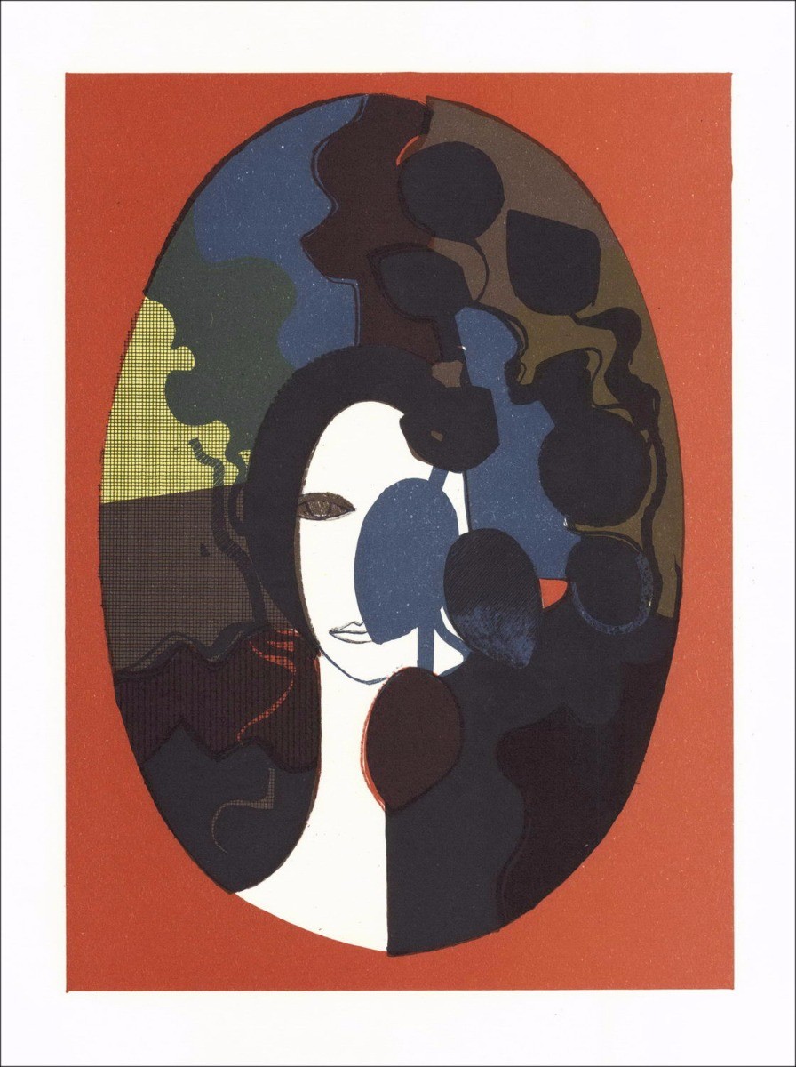 André Minaux - Litografía original "Retrato de mujer en el fondo rojo" 27x21cm - 1978