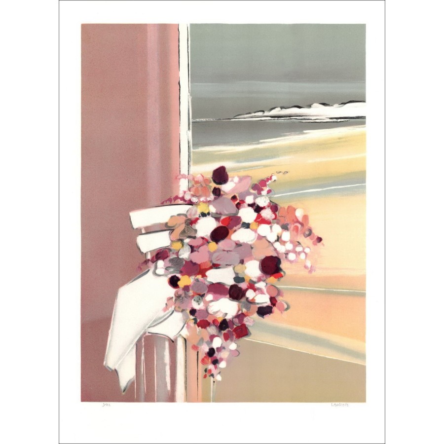 Pierre-Gérard LANGLOIS - Original Lithograph "Bouquet de fleurs aux cliffes" 76x55cm, signed and numbered in pencil by l