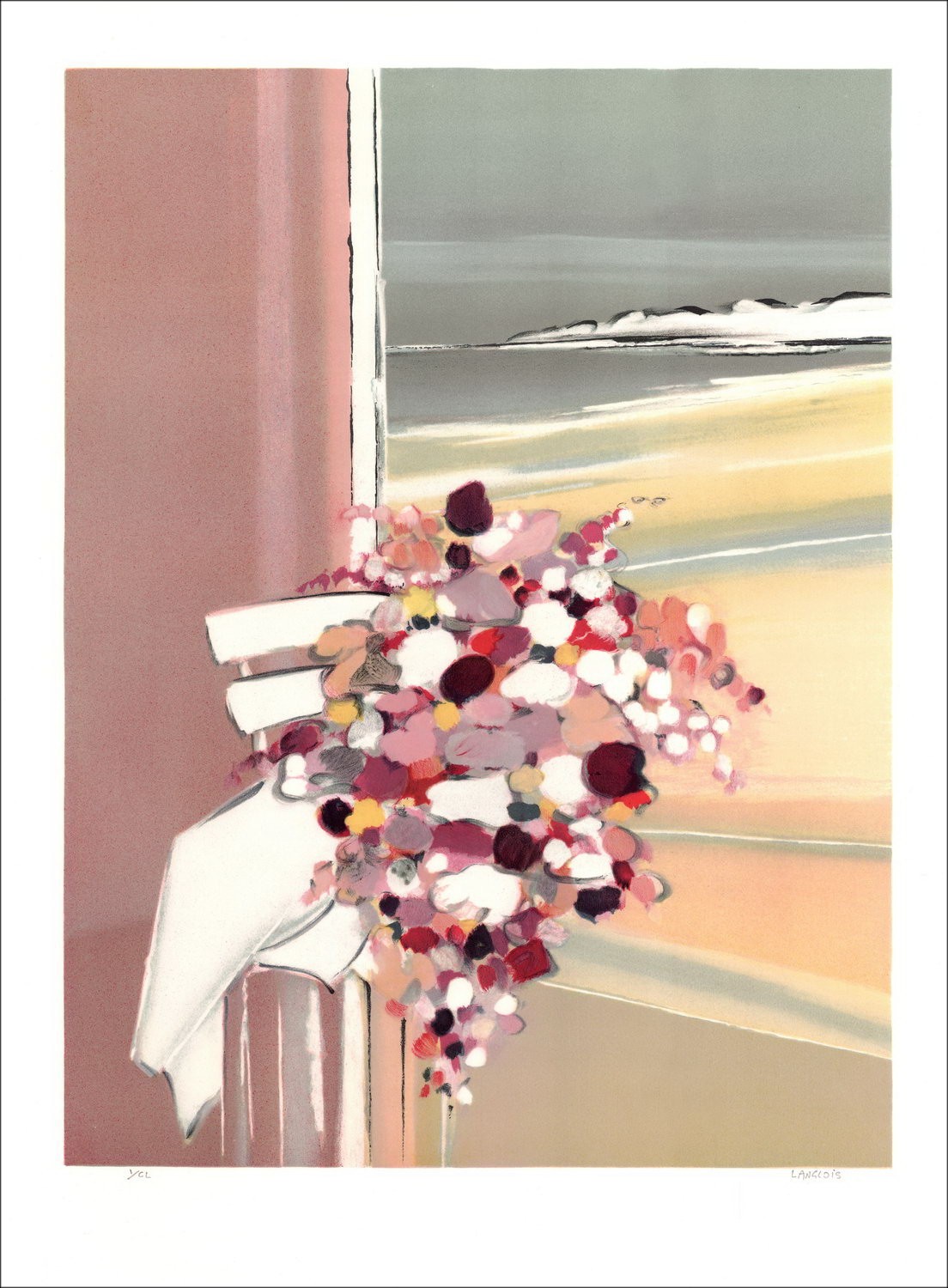 Pierre-Gérard Langlois - Litografía original "Ramo de flores en los acantilados" 76x55cm, firmado y numerado a lápiz por l