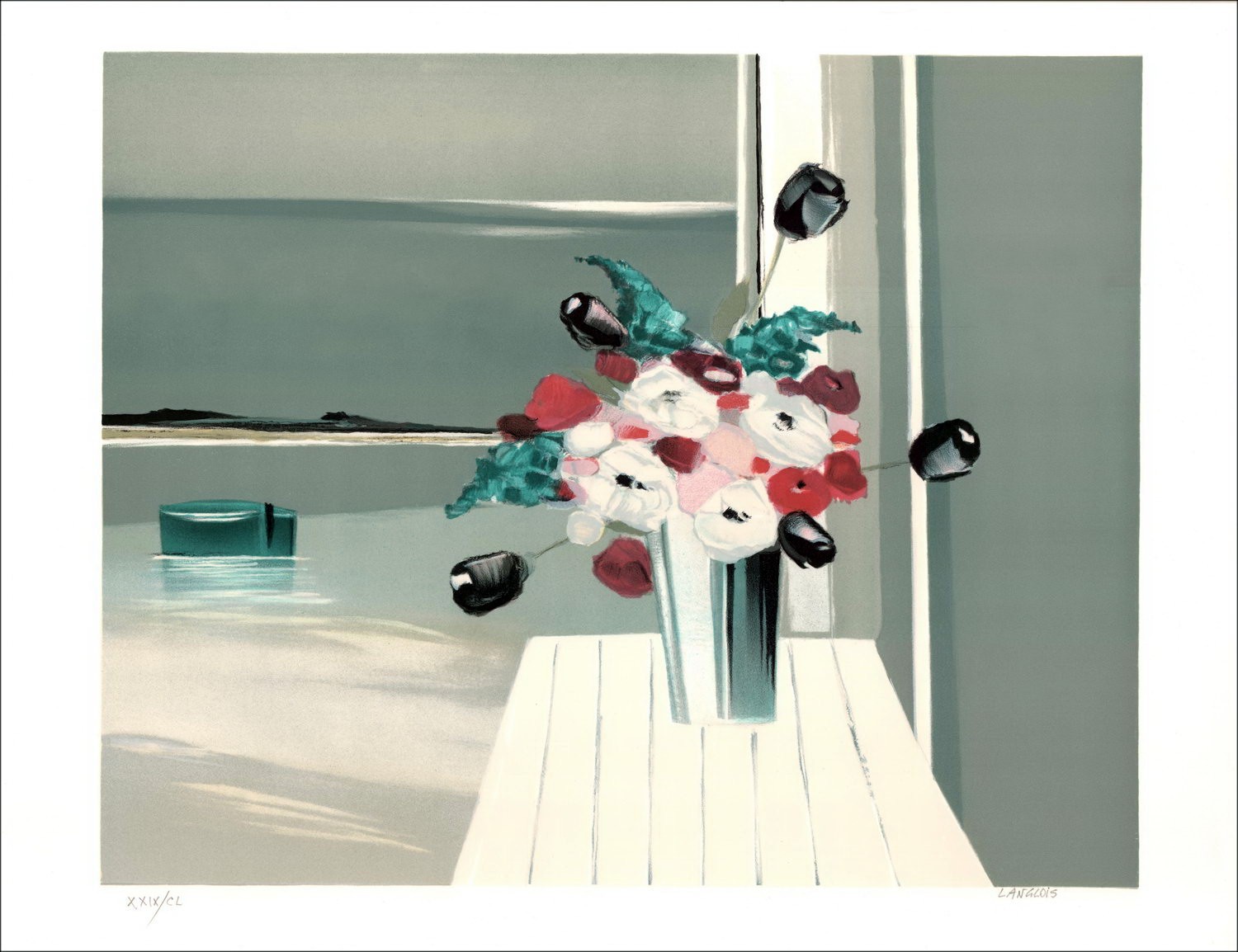 Pierre-Gérard Langlois - Litografia originale "Bouquet di fiori sulla riva" 55x76cm, firmato e numerato a matita dall'ar
