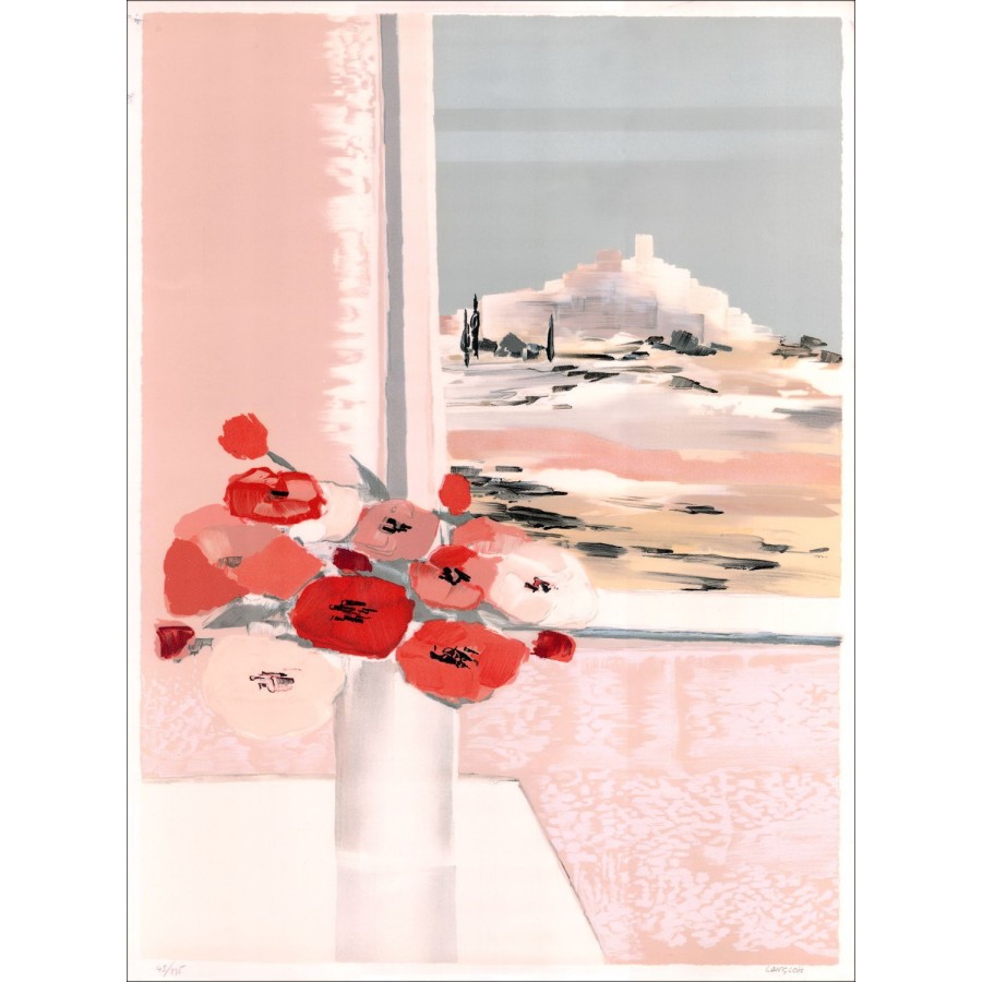Pierre-Gérard Langlois - Litografia originale "Bouquet di papaveri a Saint Paul de Vence" 76x55cm, firmato e numerato in raggio