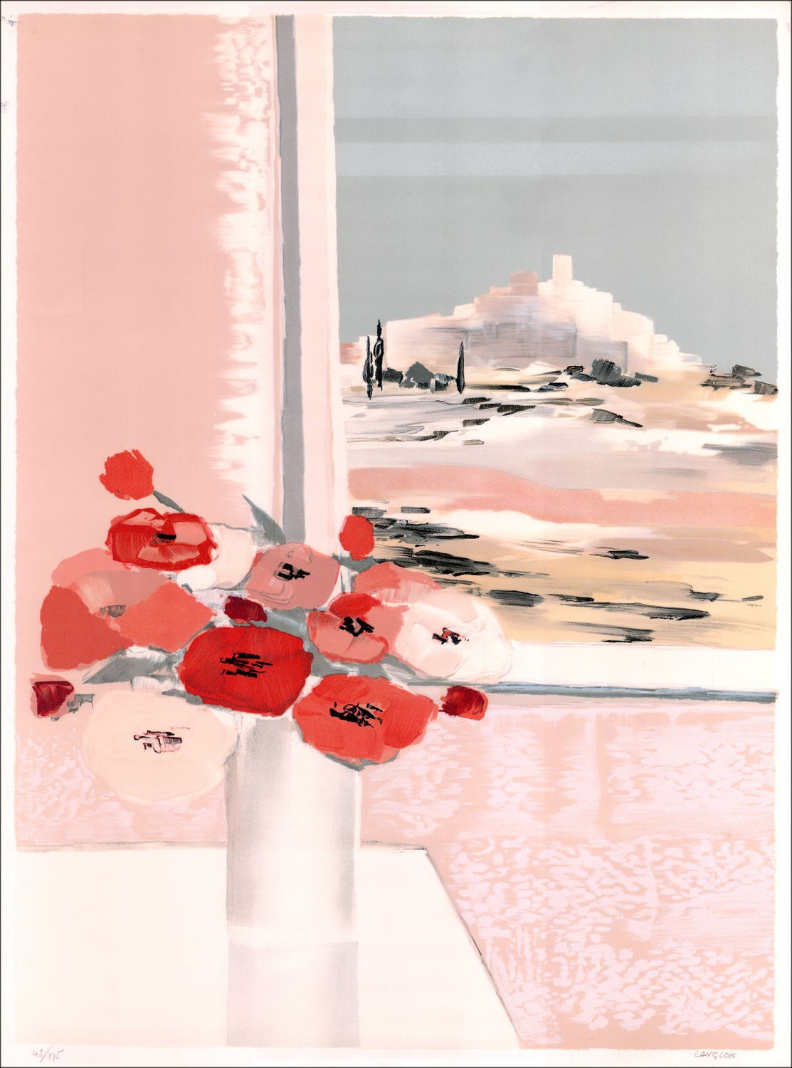 Pierre-Gérard LANGLOIS - Original Lithograph "Bouquet de poppies à Saint Paul de Vence" 76x55cm, signed and numbered on the cray