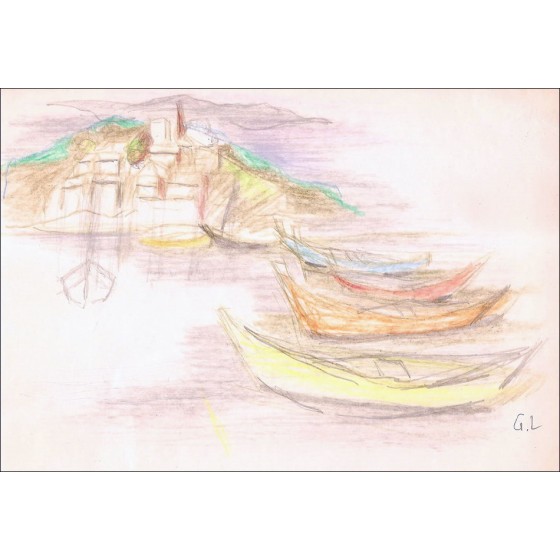 Georges Lambert: Originalzeichnung "Boote und Dorf am Meer"