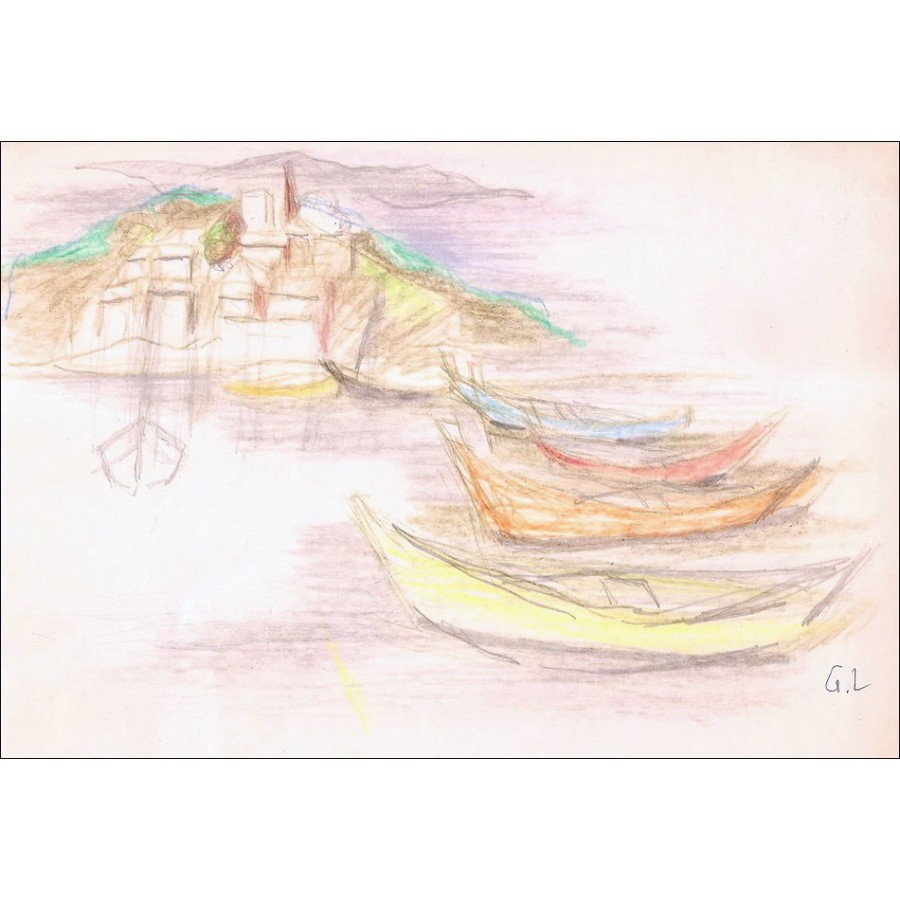 Gefra_Latn LAMBERT: Oorspronkelijke tekening " Schepen en dorp aan zee "