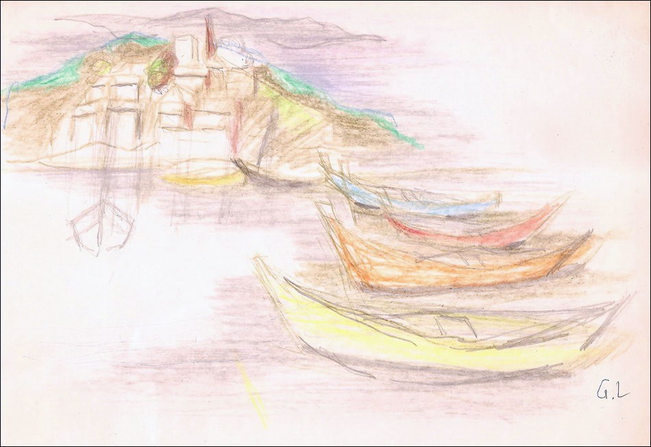 Georges LAMBERT : Dessin Original " Barques et village en bord de mer "