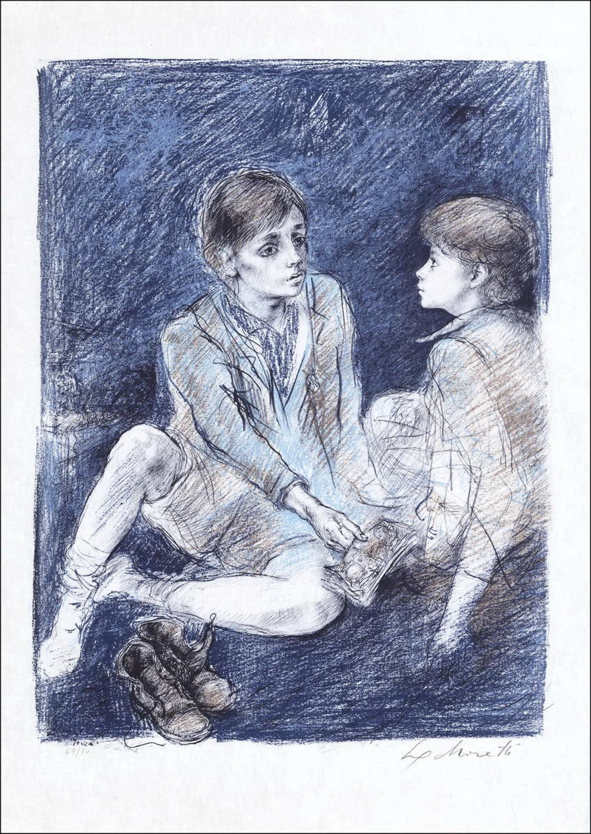 MORETTI Lucien Philippe - Original Lithograph "The Two Friends" Numbered and signed in pencil, Japanese paper