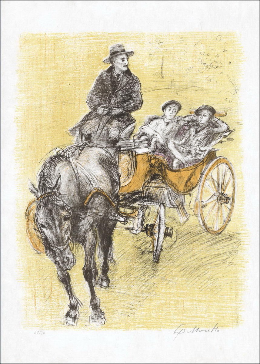 MORETTI Lucien Philippe - Original Lithograph "Promenade en calèche" Numbered and signed in pencil, Japanese paper