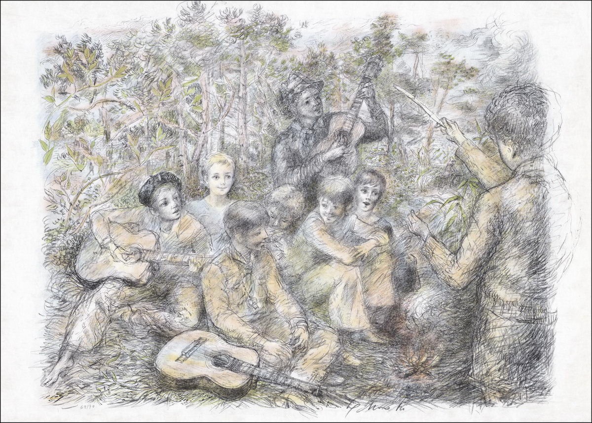 MORETTI Lucien Philippe - Original Lithographie "Musik auf dem Lande" Numeriert und in Bleistift, Japanisches Papier signiert