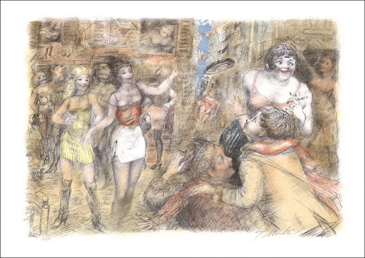 Moretti Lucien Philippe - Litografia originale "Ragazze di gioia" numerata e firmata a matita, carta Giappone