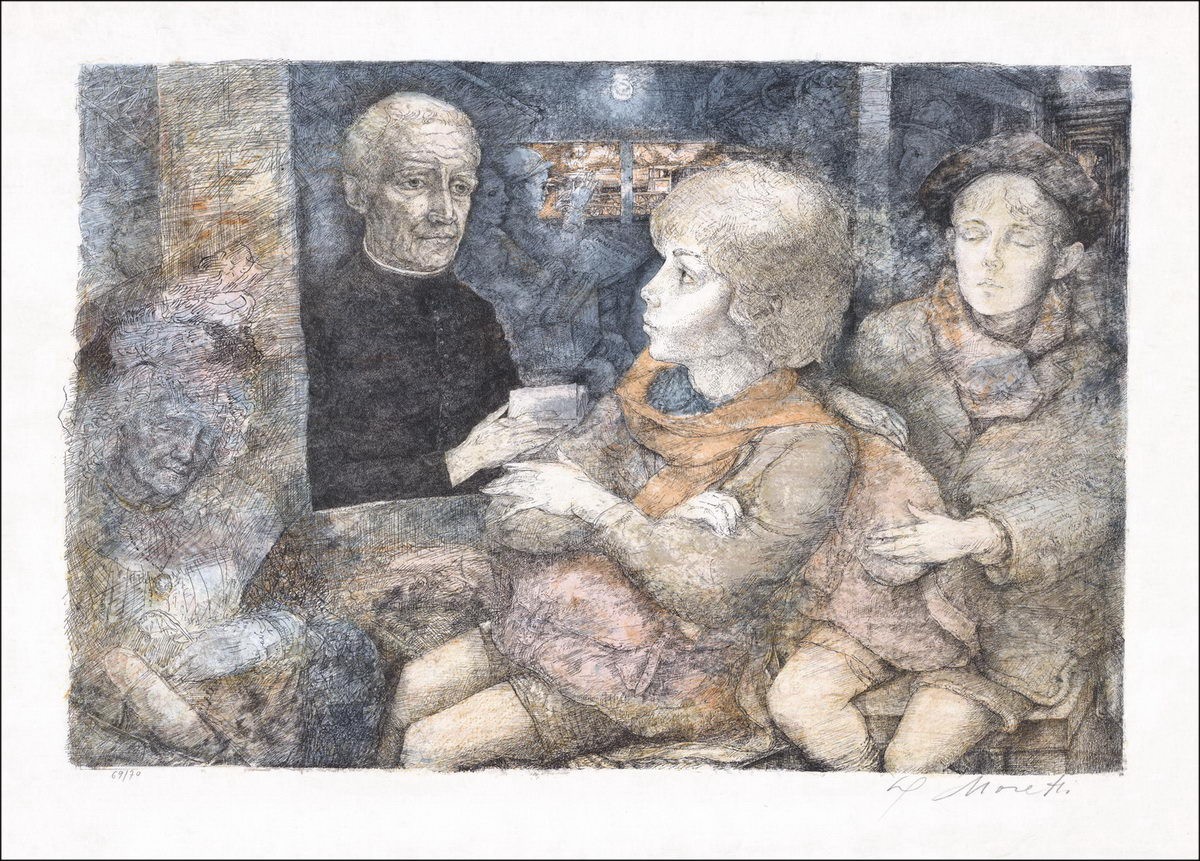 Moretti Lucien Philippe - Litografia originale "Il prete" numerato e firmato a matita, carta Giappone