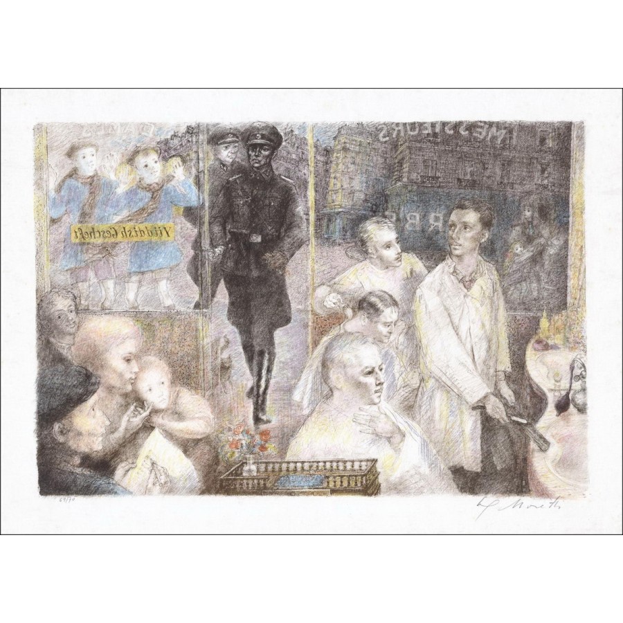 MORETTI Lucien Philippe - Lithographie Originale "Chez le barbier" Numérotée et signée au crayon, papier Japon