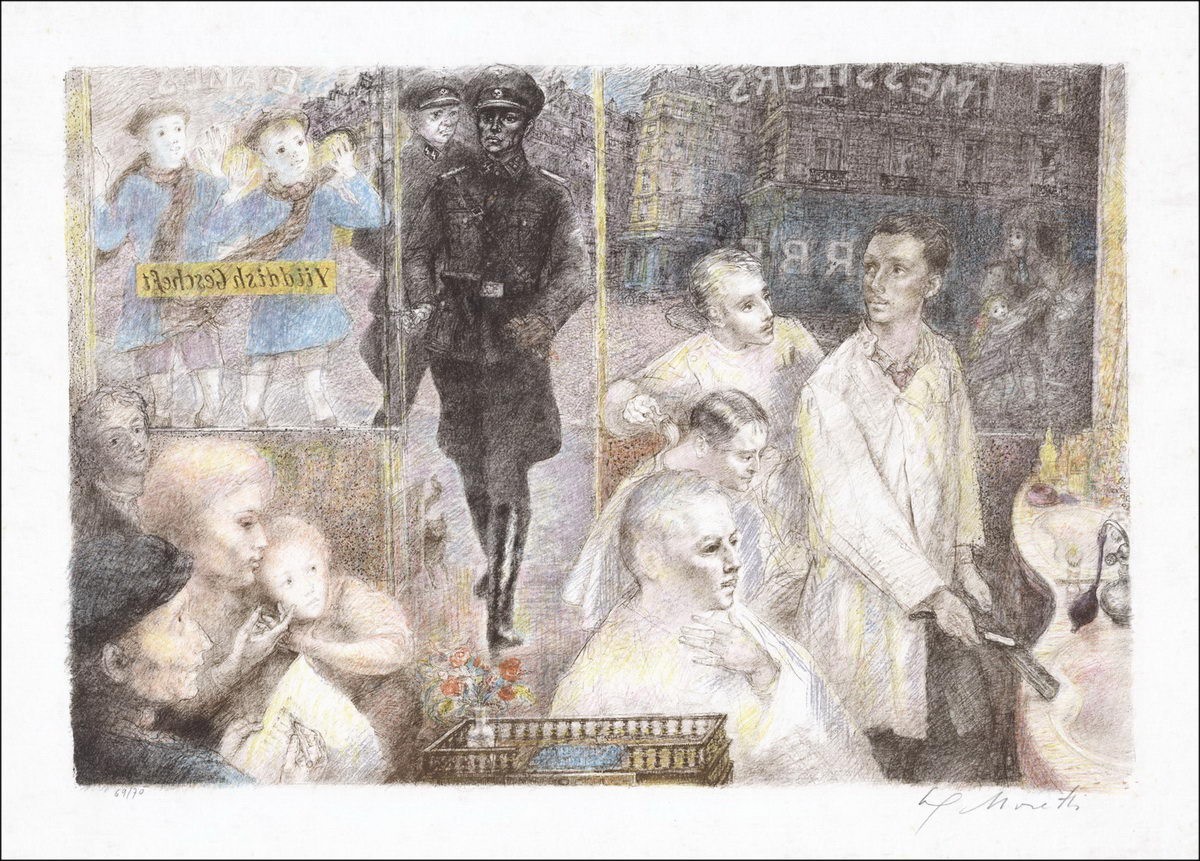 MORETTI Lucien Philippe - Lithographie Originale "Chez le barbier" Numérotée et signée au crayon, papier Japon
