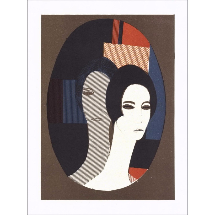 André Minaux - Litografia originale "Composizione a due profili" 27x21cm - 1978