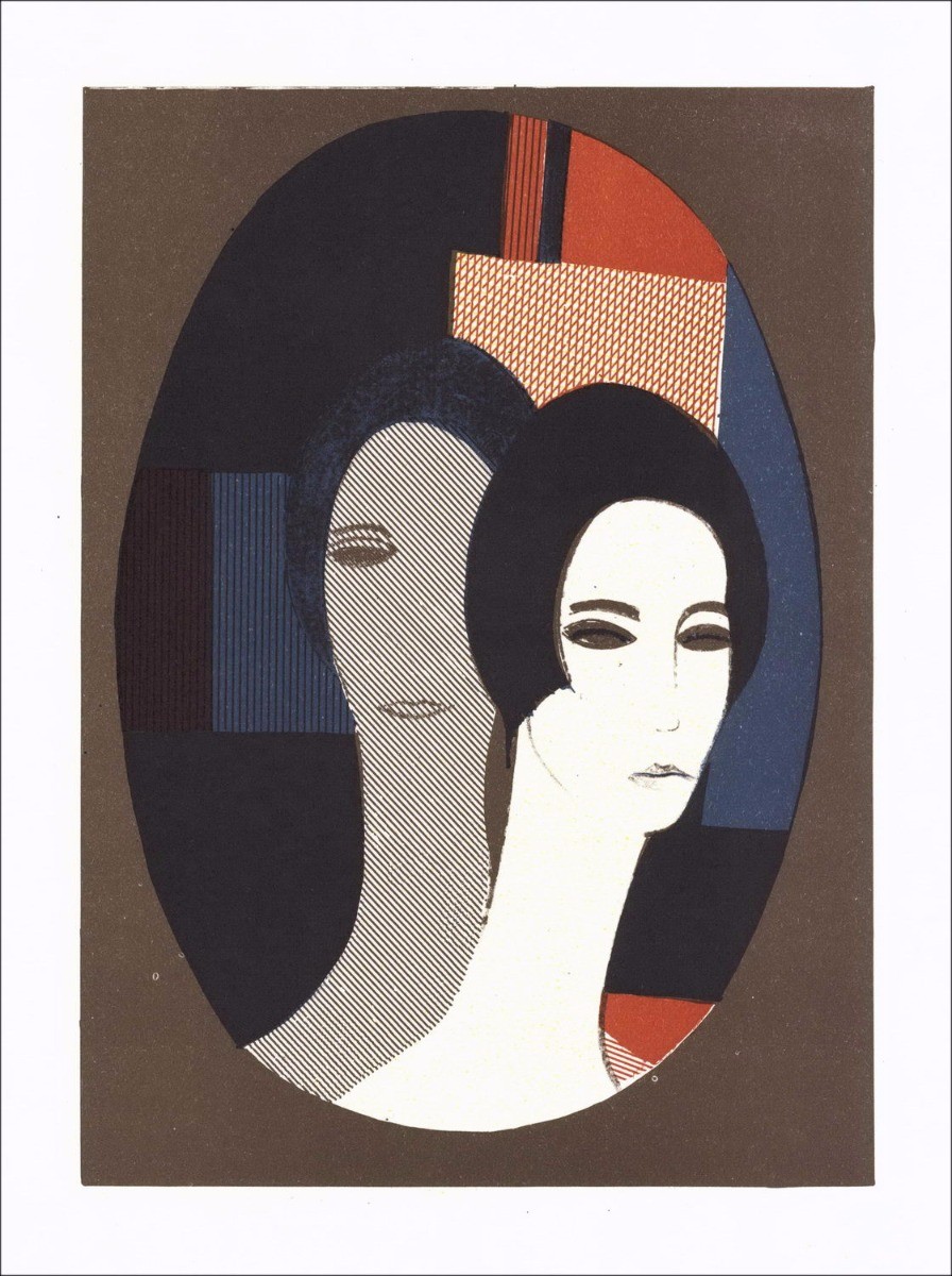 André Minaux - Original-Lithographie "Komposition zu zwei Profilen" 27x21cm - 1978