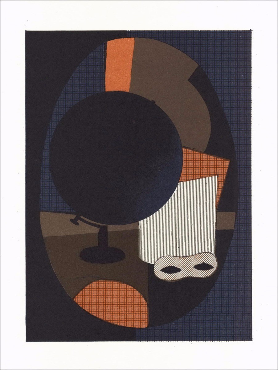 André Minaux - Litografia originale "Composizione al globo" 27x21cm - 1978