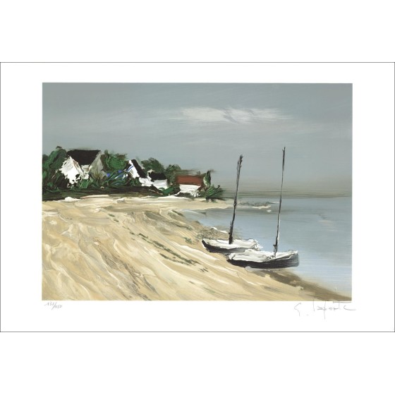 Gefra_Latn LAPORTE - Lith Origin Original "Boats on the beach" 38x56cm - Genoemd en getekend met potlood