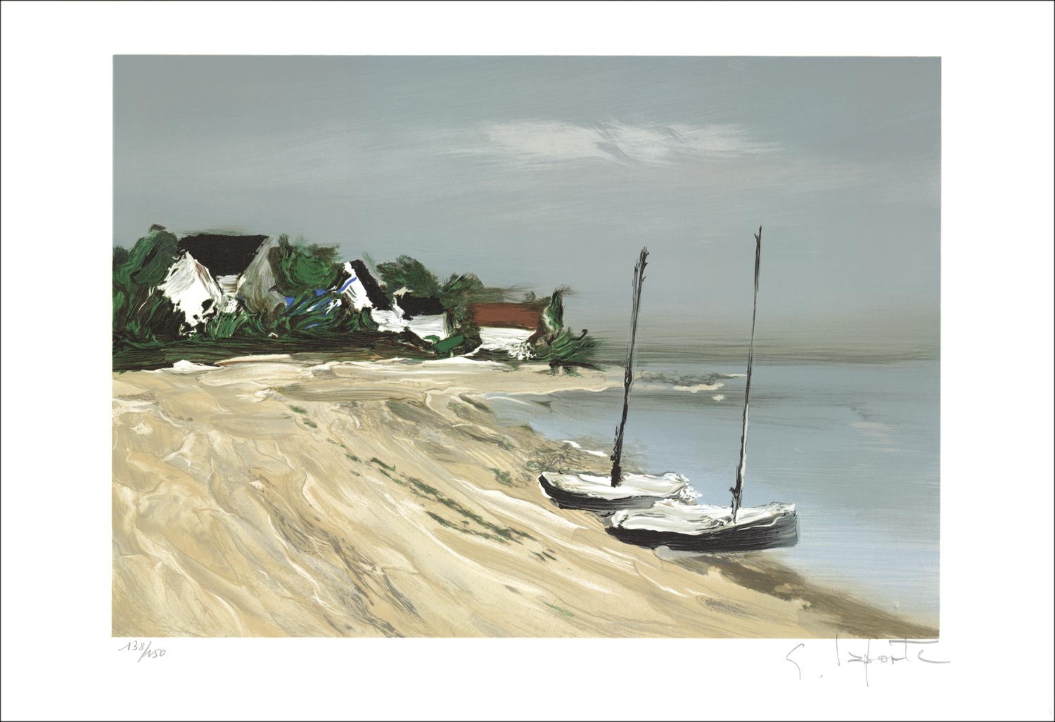 Georges Laporte - Original-Lithographie "Boote am Strand" 38x56cm - signiert und nummeriert in Bleistift
