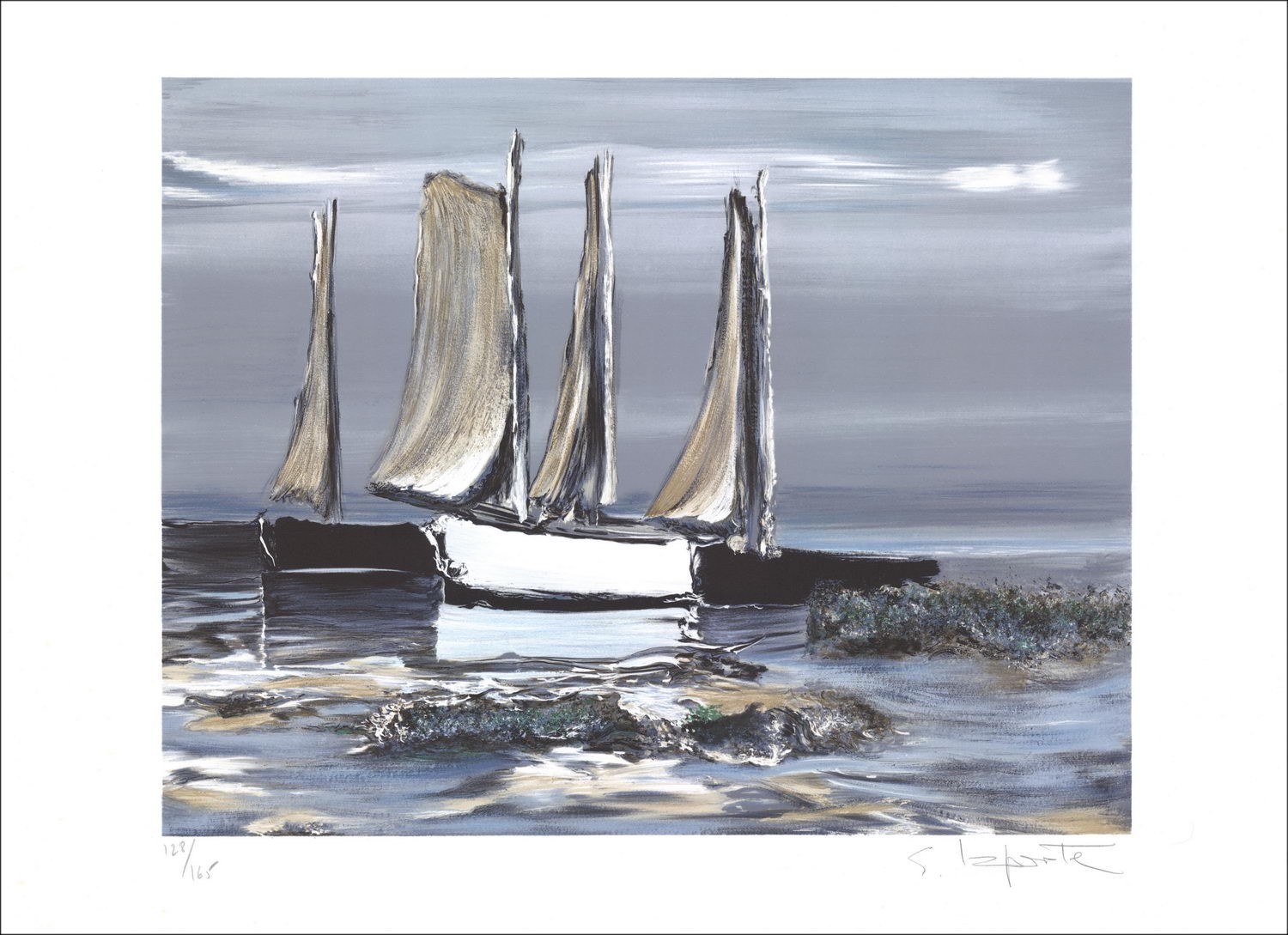 Gefra_Latn LAPORTE - Lith Origin Originele "Les Voiliers" 44x62cm - Getekend en met potlood genummerd