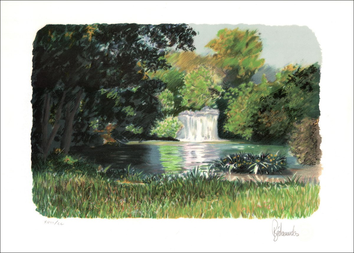 De waterval - Lith Origin Originaal geteld en getekend met potlood door de kunstenaar - Budget, kleine prijs, decoratie, werk 