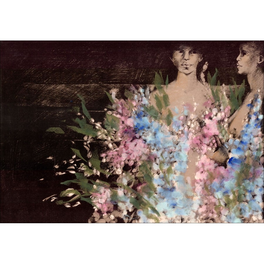 Michèle-Lachs - Originalzeichnung, Bleistift, Acryl "Paar mit Blumenstrauß" 