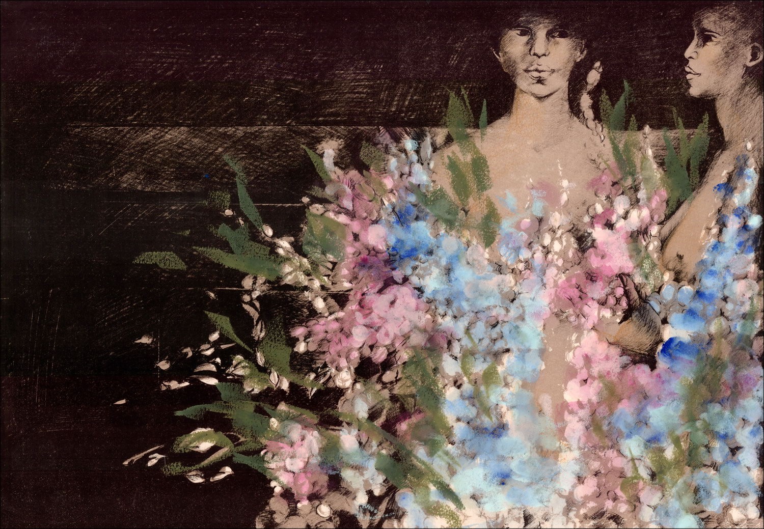 Michèle SALMON - Disegno originale, matita, acrilico "Coppia a mazzo di fiori" 